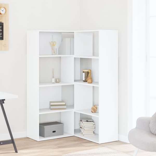 vidaXL Bokhylle for hjørne 4 etasjer hvit 85x85x140 cm konstruert tre