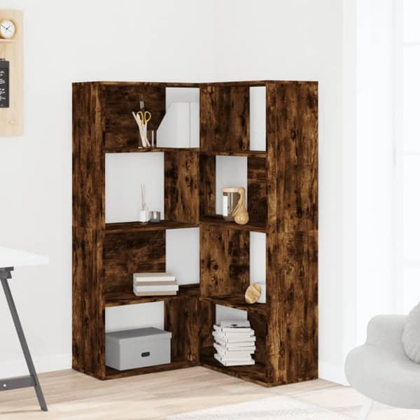 vidaXL bogreol til hjørne 85x85x140cm 4hylder konstrueret træ røget eg