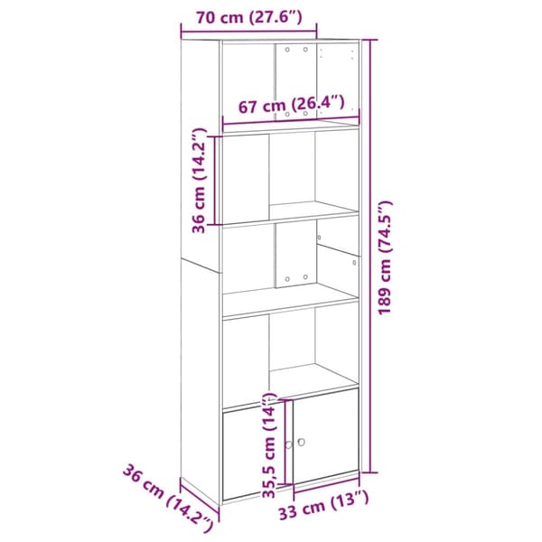 vidaXL bogreol 70x36x189 cm konstrueret træ røget egetræsfarve