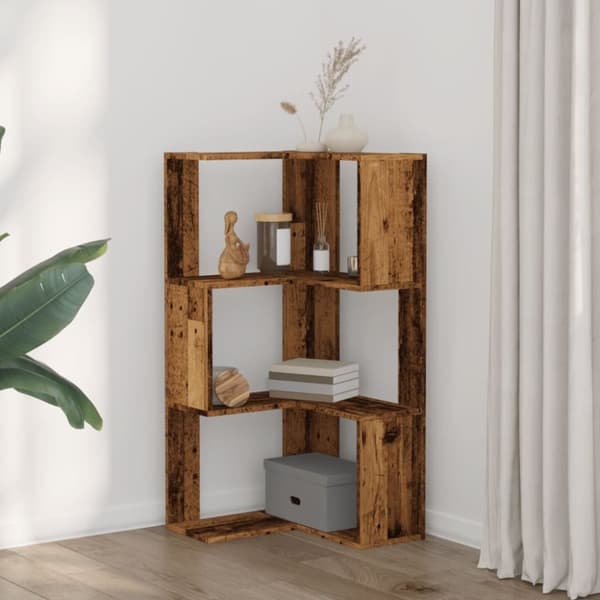vidaXL Kulmakirjahylly 3 tasoa vanha puu 50x50x102 cm tekninen puu