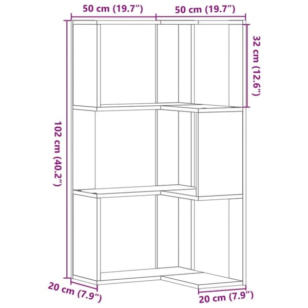 vidaXL bogreol til hjørne 50x50x102 cm 3hylder konstrueret træ brun eg
