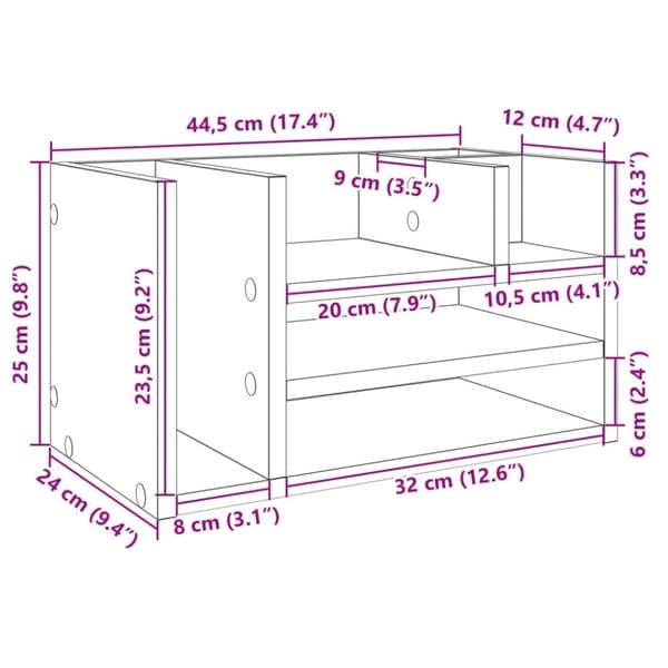 vidaXL Hylle til skrivebord betonggrå 44,5x24x25 cm konstruert tre