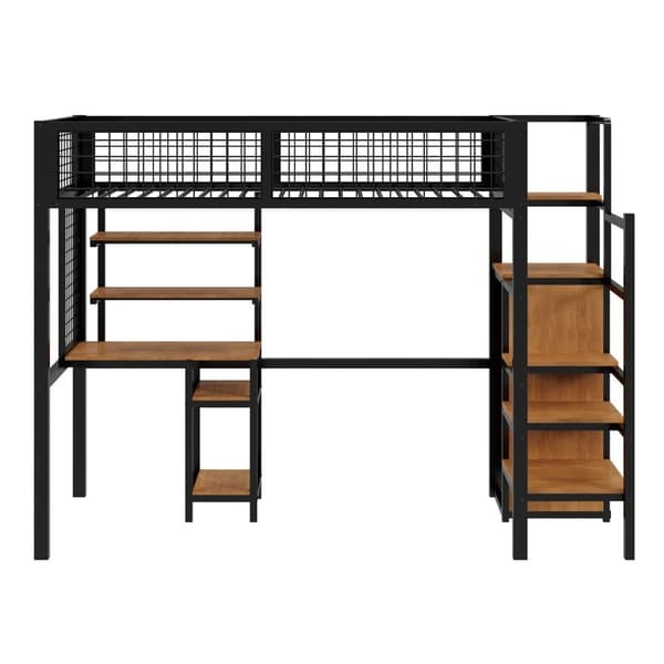 Mezzanine-säng 90x200 cm med skrivbord, hyllor, trappa och garderob - metallram - Svart