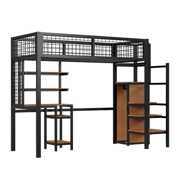 Mezzanine-säng 90x200 cm med skrivbord, hyllor, trappa och garderob - metallram - Svart