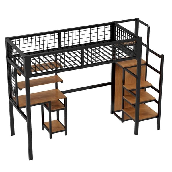 Mezzanine-säng 90x200 cm med skrivbord, hyllor, trappa och garderob - metallram - Svart