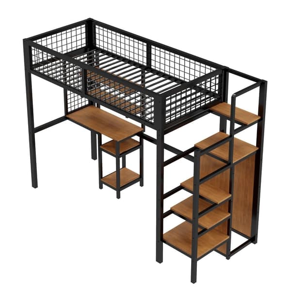 Mezzanine-säng 90x200 cm med skrivbord, hyllor, trappa och garderob - metallram - Svart