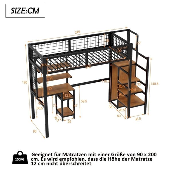Mezzanine-säng 90x200 cm med skrivbord, hyllor, trappa och garderob - metallram - Svart