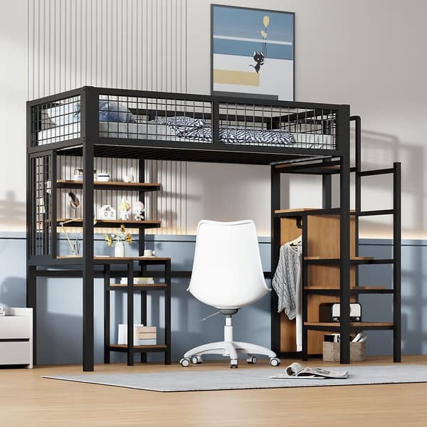 Mezzanine-säng 90x200 cm med skrivbord, hyllor, trappa och garderob - metallram - Svart
