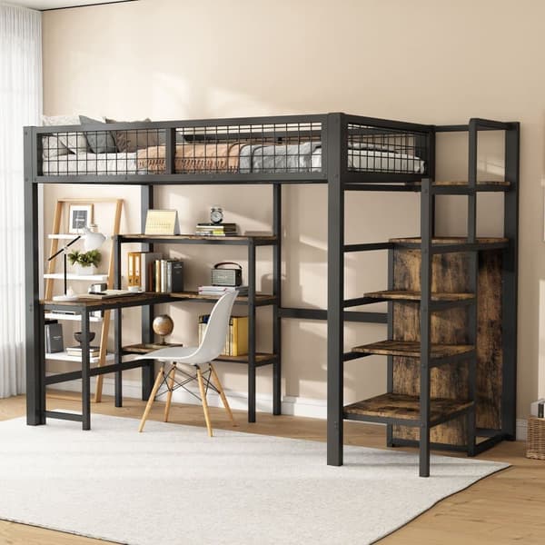 Mezzanin seng 90x200 cm - Jernstel - Med Skrivebord & Hylder - Sort