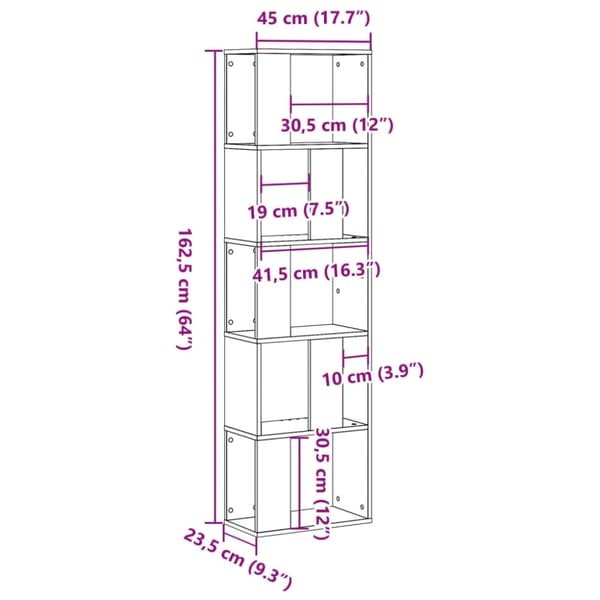 vidaXL Bokhylla 5 hyllplan ek 45x23,5x162,5 cm konstruerat trä