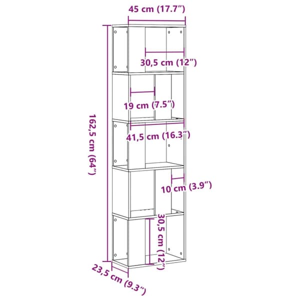 vidaXL bogreol 45x23,5x162,5 cm 5 hylder konstrueret træ brunt eg