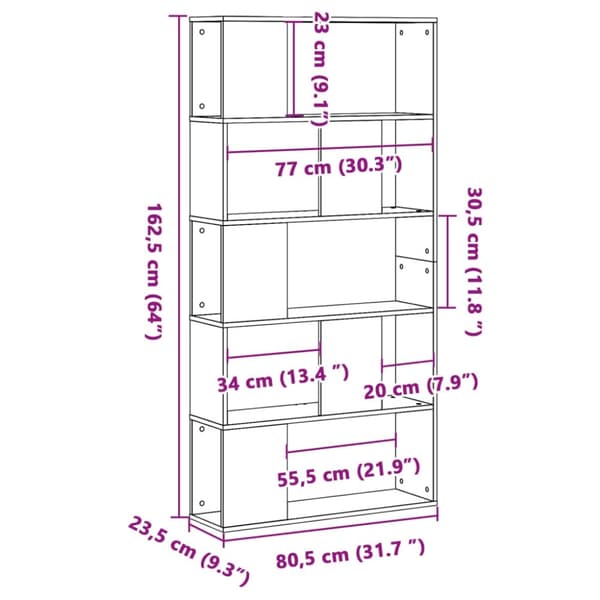 vidaXL bogreol 80,5x23,5x162,5 cm 5 hylder konstrueret træ betongrå