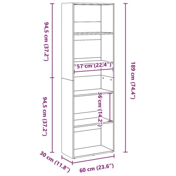 vidaXL Bokhylla ek 60x30x189 cm konstruerat trä