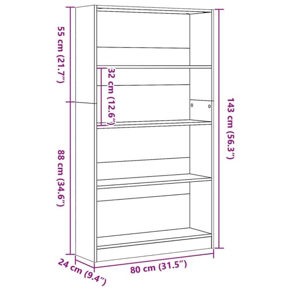 vidaXL Bokhylle sonoma eik 80x24x143 cm konstruert tre
