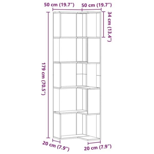 vidaXL bogreol til hjørne 50x50x179cm 5hylder konstrueret træ brunt eg
