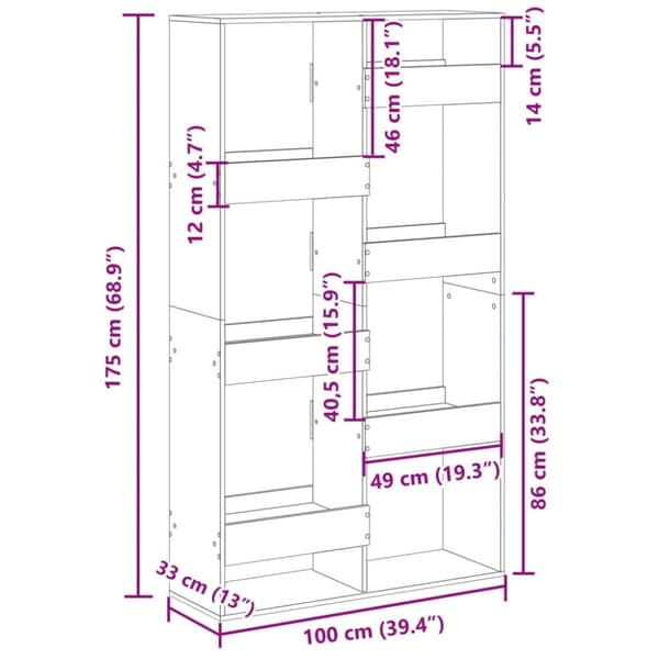 vidaXL Romdeler grå sonoma 100x33x175 cm konstruert tre