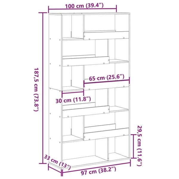 vidaXL Romdeler grå sonoma 100x33x187,5 cm konstruert tre
