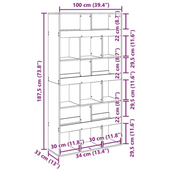 vidaXL rumdeler 100x33x187,5 cm konstrueret træ grå sonoma-eg