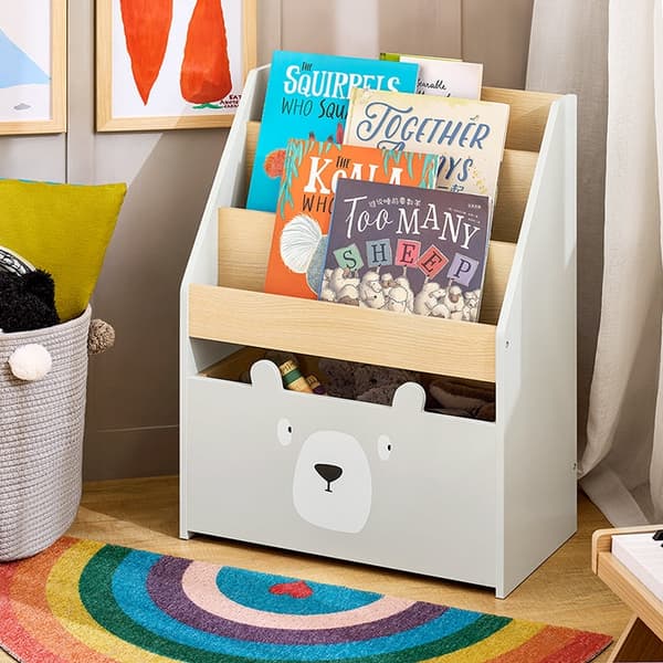 Rootz Kids bogreol med legetøjskiste - Organisering til børn - Opbevaringsstativ - MDF/E1 - 51 cm x 70 cm x 28 cm - Hjul - Pladsbesparende
