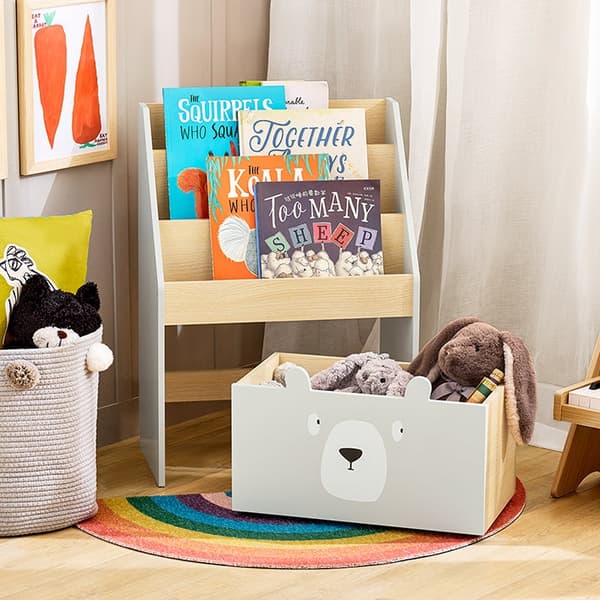 Rootz Kids bogreol med legetøjskiste - Organisering til børn - Opbevaringsstativ - MDF/E1 - 51 cm x 70 cm x 28 cm - Hjul - Pladsbesparende