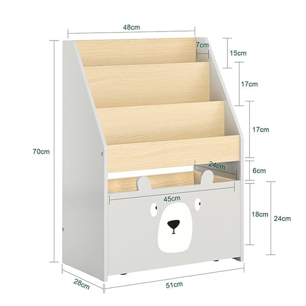 Rootz Kids bogreol med legetøjskiste - Organisering til børn - Opbevaringsstativ - MDF/E1 - 51 cm x 70 cm x 28 cm - Hjul - Pladsbesparende
