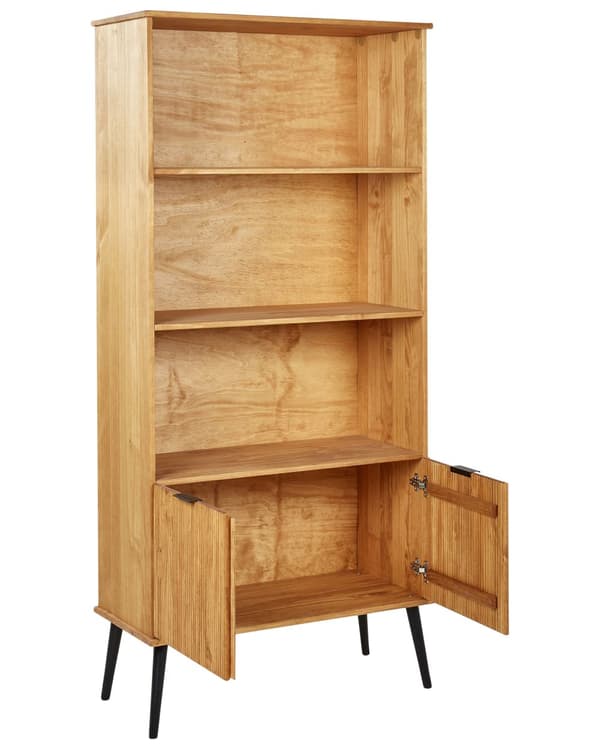 Reol Lyst Træ med Sorte Ben 131 cm 2 Skuffer 1 Skab 4 Hylder Rustik Stil