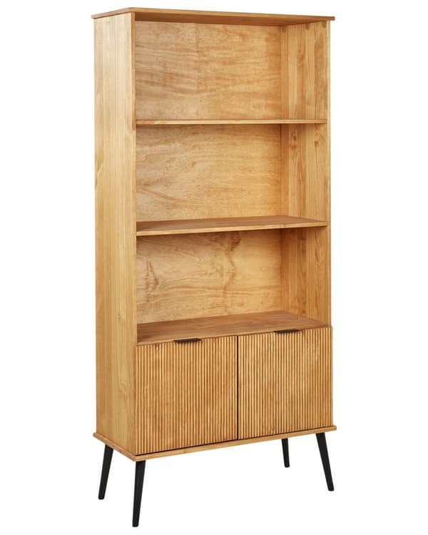 Reol Lyst Træ med Sorte Ben 131 cm 2 Skuffer 1 Skab 4 Hylder Rustik Stil