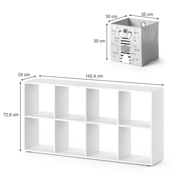 Vicco Scutum barnbokhylla, Vit, 143 x 72,6 cm med 8 hopfällbara lådor