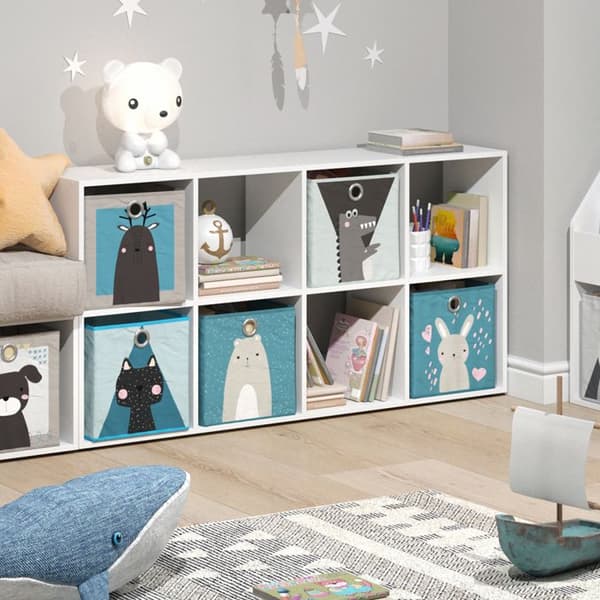 Vicco Scutum barnbokhylla, Vit, 143 x 72,6 cm med 8 hopfällbara lådor