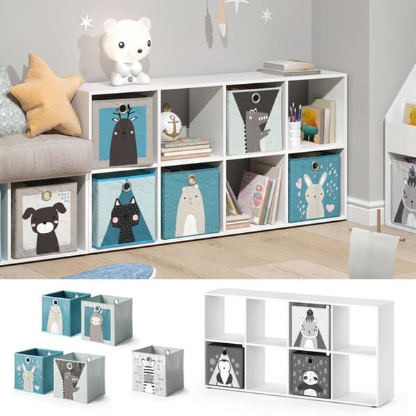 Vicco Scutum barnbokhylla, Vit, 143 x 72,6 cm med 8 hopfällbara lådor