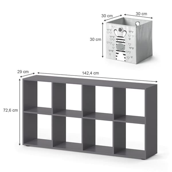 Vicco Scutum barnbokhylla, Grå, 143 x 72,6 cm med 8 hopfällbara lådor