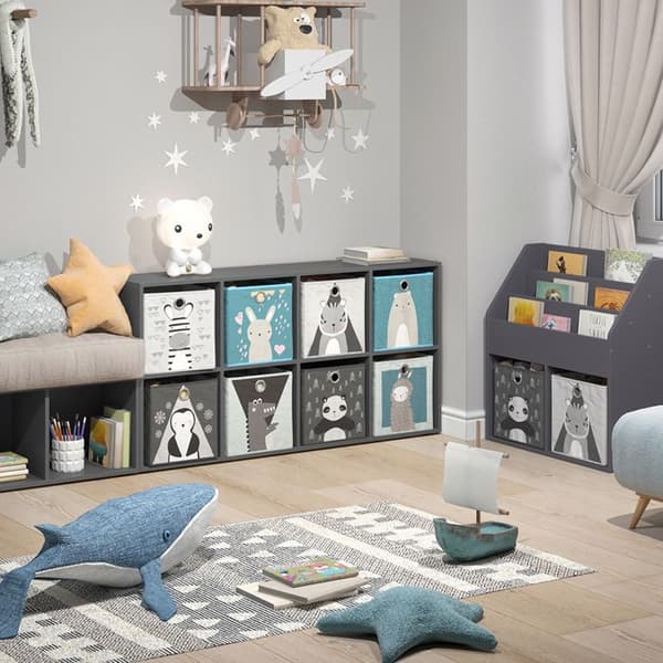 Vicco Scutum barnbokhylla, Grå, 143 x 72,6 cm med 8 hopfällbara lådor