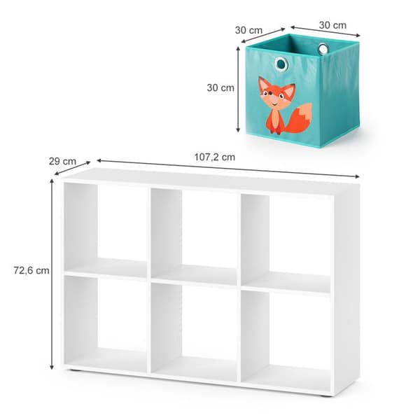 Vicco barnbokhylla, Vit, 107,2 x 72,6 cm med 6 hopfällbara lådor