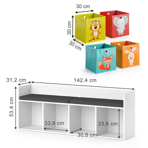 Vicco Luigi barnhylla, vit, 142 x 53 cm med 4 vikbara lådor opt.1