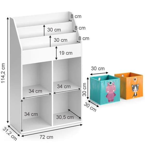 Vicco Luigi barnbokhylla, Vit, 72 x 114,2 cm med 2 hopfällbara lådor