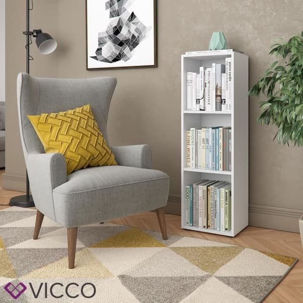 Vicco Bokhylla med trähyllor 3 fack vit bokhylla