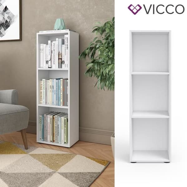 Vicco Bokhylla med trähyllor 3 fack vit bokhylla