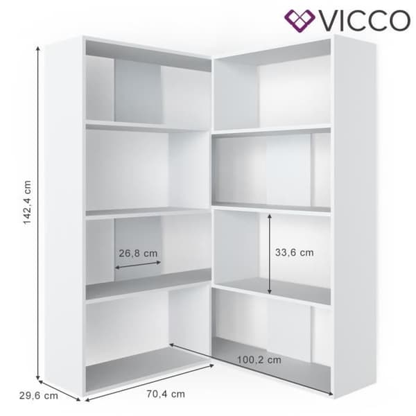 Vicco Laine hörnbokhylla, fristående hylla, vit, rumsavdelare, hörnhylla, mediahylla