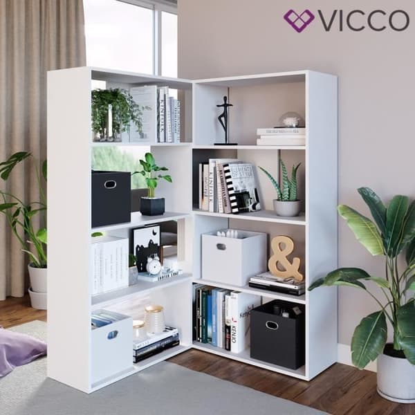 Vicco Laine hörnbokhylla, fristående hylla, vit, rumsavdelare, hörnhylla, mediahylla