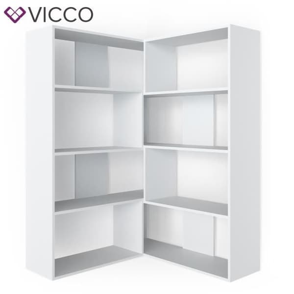 Vicco Laine hörnbokhylla, fristående hylla, vit, rumsavdelare, hörnhylla, mediahylla