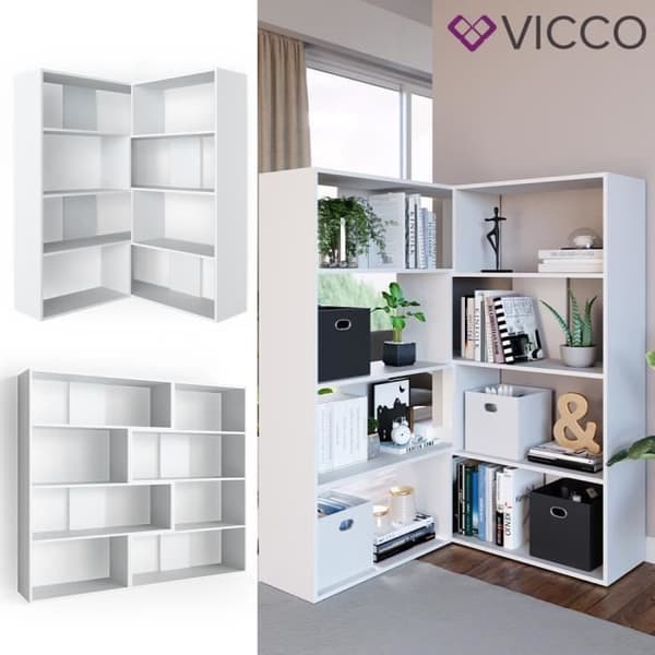 Vicco Laine hörnbokhylla, fristående hylla, vit, rumsavdelare, hörnhylla, mediahylla