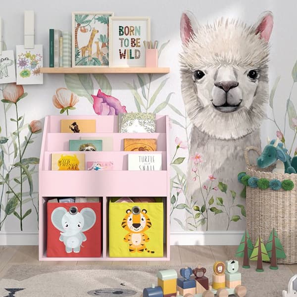Vicco Luigi barnbokhylla, Rosa, 72 x 79 cm med 2 hopfällbara lådor (elefant, tiger)