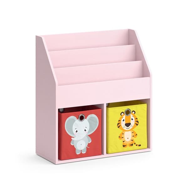 Vicco Luigi barnbokhylla, Rosa, 72 x 79 cm med 2 hopfällbara lådor (elefant, tiger)