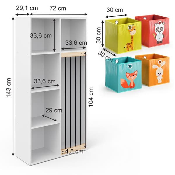 Vicco Marvin barnbokhylla, Vit, 72 x 143 cm med 4 hopfällbara lådor opt.1