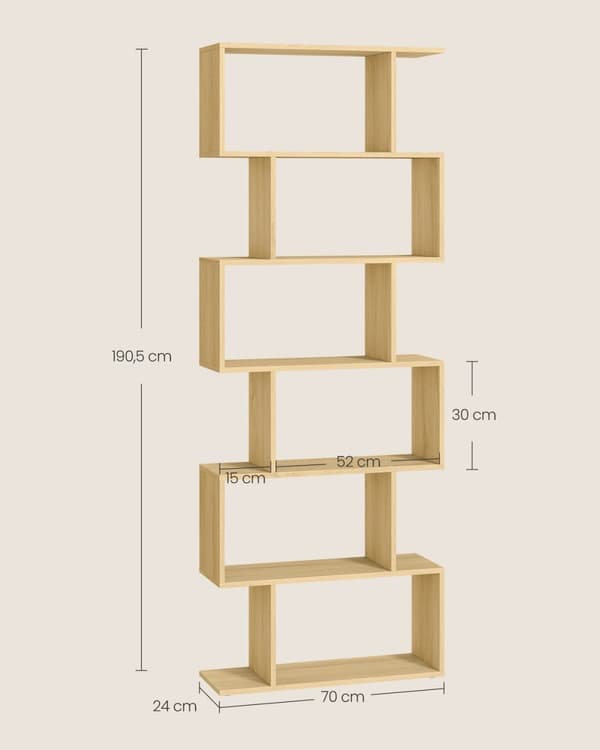 Rootz spånplade bogreol - Naturlig eg farve - stor hylde - 10 kg Kapacitet - 24 cm x 70 cm x 190,5 cm