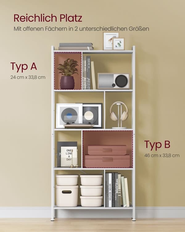 Rootz Bogreol - Opbevaringshylde - Spånplade - Stålramme - 30 cm x 74 cm x 154,5 cm - Maple White-Cloud White - 20 kg Vægt - Organiser dit rum
