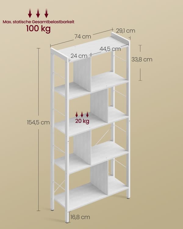 Rootz Bogreol - Opbevaringshylde - Spånplade - Stålramme - 30 cm x 74 cm x 154,5 cm - Maple White-Cloud White - 20 kg Vægt - Organiser dit rum