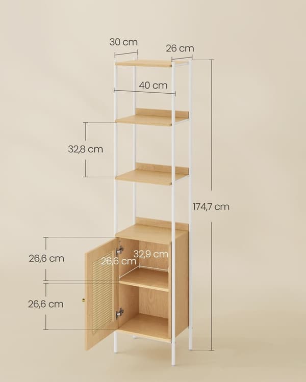 Rootz Multi-Level Bokhylla - Ek Beige Pearl White - Förvaringsställ - Stålram - PE rotting - 30cm x 40cm x 174,7cm