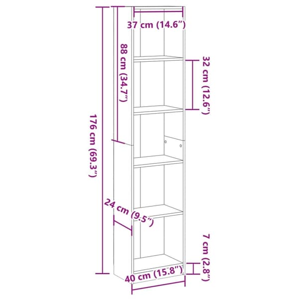 vidaXL bogreol 40x24x176 cm konstrueret træ grå sonoma-eg