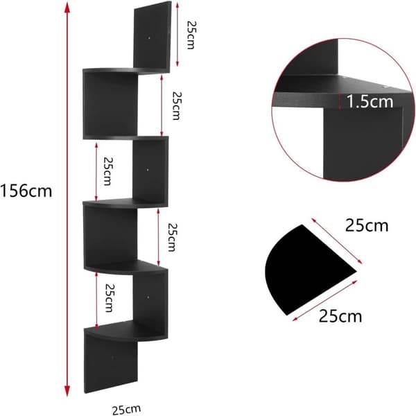 Rootz 5-kerroksinen kulmahylly - Kelluva hylly - Kirjahylly - Tilava säilytystila - 25 cm x 156 cm x 25 cm - Valmistettu MDF:stä (E1) - PVC-viilu